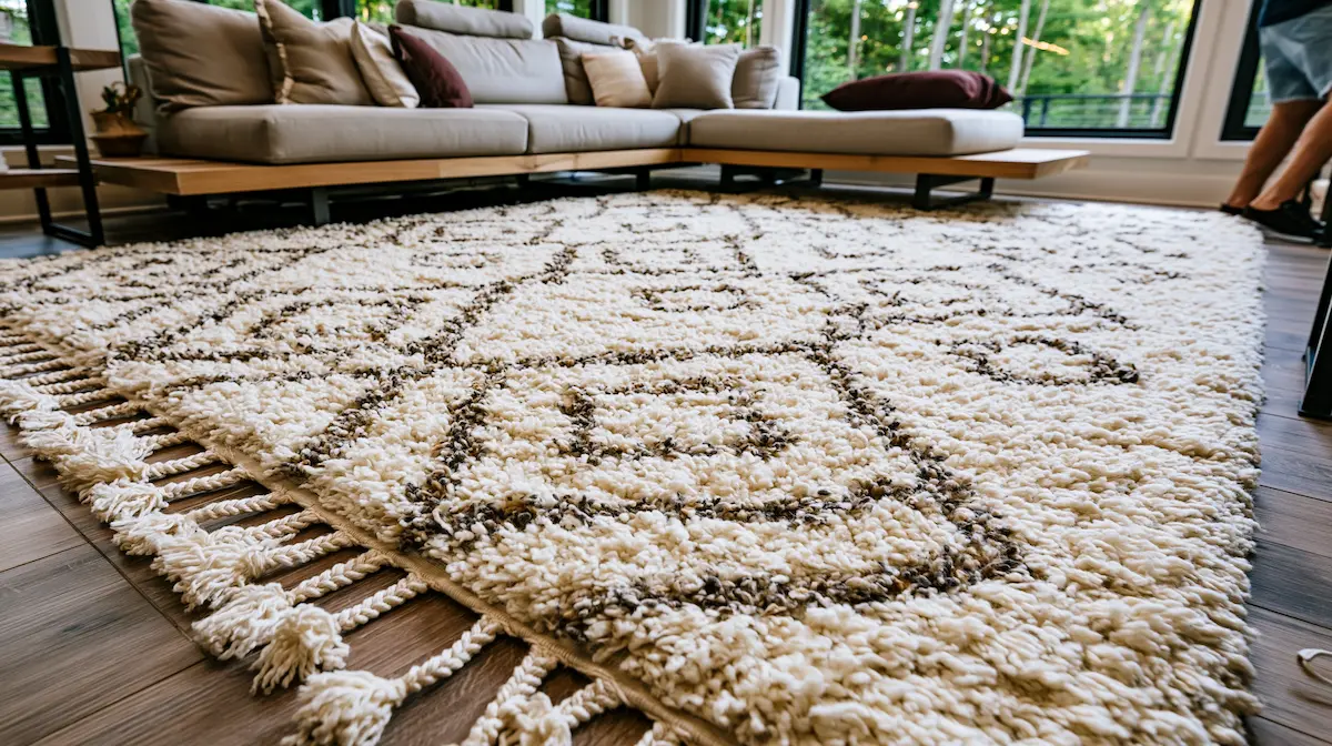 How to anchor a living room with a Moroccan rug Cream Beni Ourain rug anchoring a modern living room with low wooden sofa and natural linen — Tigemi