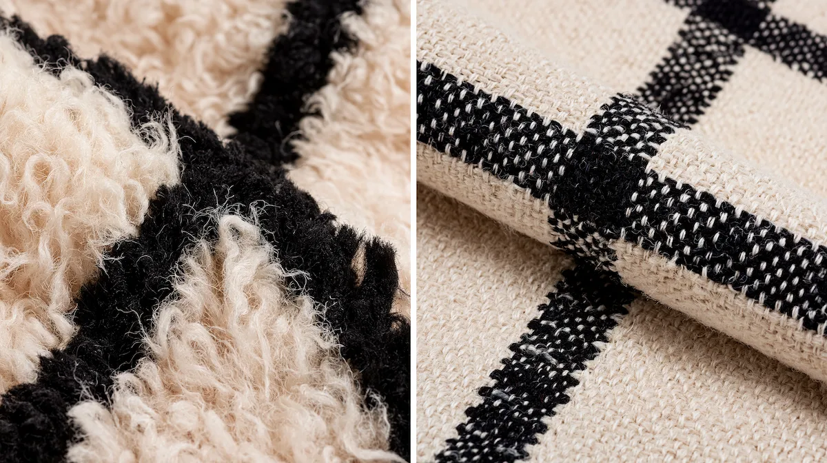 Side-by-side detail of different Moroccan rug types showing tradition-specific care differences in pile and weave