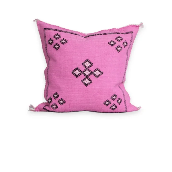 Handwoven bubblegum pink Moroccan sabra silk pillow cover 18×18 with ivory motifs – Tigemi cactus silk cushion