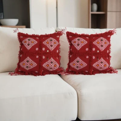 Moroccan Berber wool pillow styled on white sofa boho living room