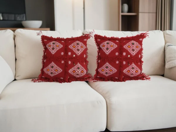 Moroccan Berber wool pillow styled on white sofa boho living room