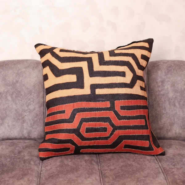 Terracotta Raffia Pillow with Maze Appliqué pattern on grey sofa — handwoven Moroccan artisan cushion set of 2
