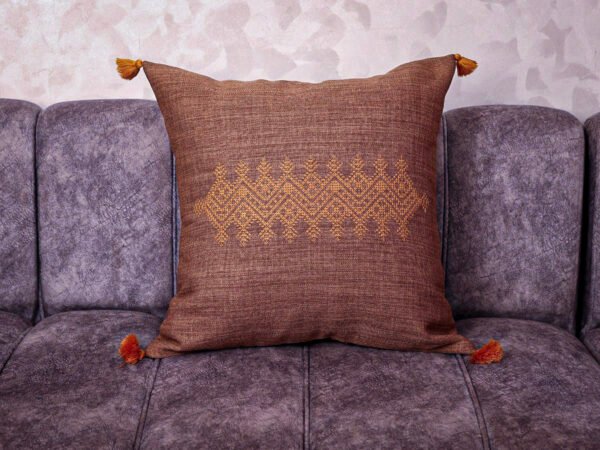 Fassi embroidered linen pillow 20×20 in chocolate brown with amber saffron geometric band and mustard tassels – Tigemi handmade Morocco