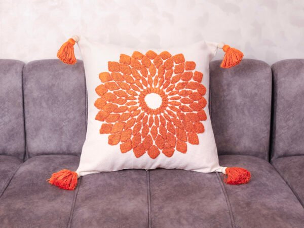 Hand-tufted Moroccan boho pillow 20×20 with terracotta orange sunburst medallion on natural cotton canvas with wooden beads and tassels – Tigemi