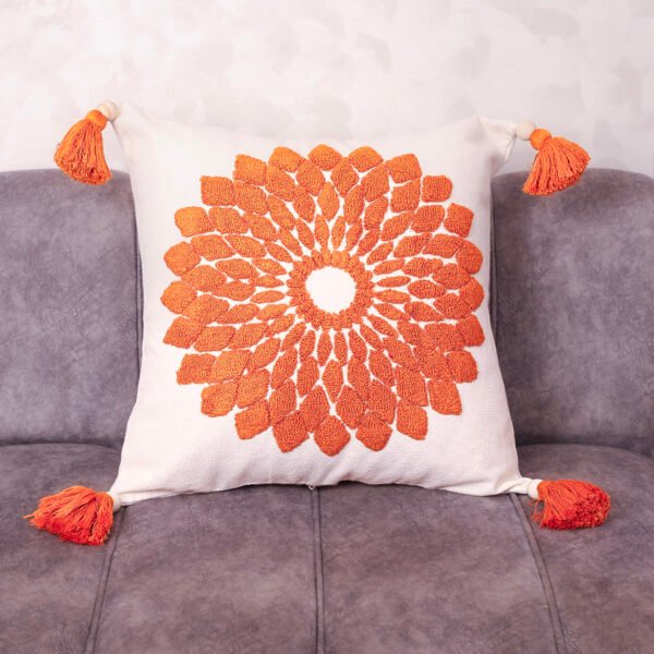 Hand-tufted Moroccan boho pillow 20×20 with terracotta orange sunburst medallion on natural cotton canvas with wooden beads and tassels – Tigemi