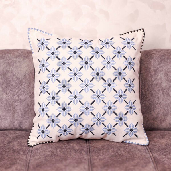 Luxury Fassi embroidered pillow 20×20 in ivory linen with all-over powder-blue star pattern and navy sawtooth border – Tigemi heirloom