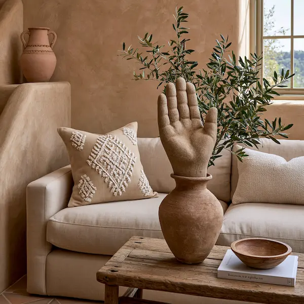Moroccan pillow covers with handcrafted vase and sculptural decor on neutral linen sofa