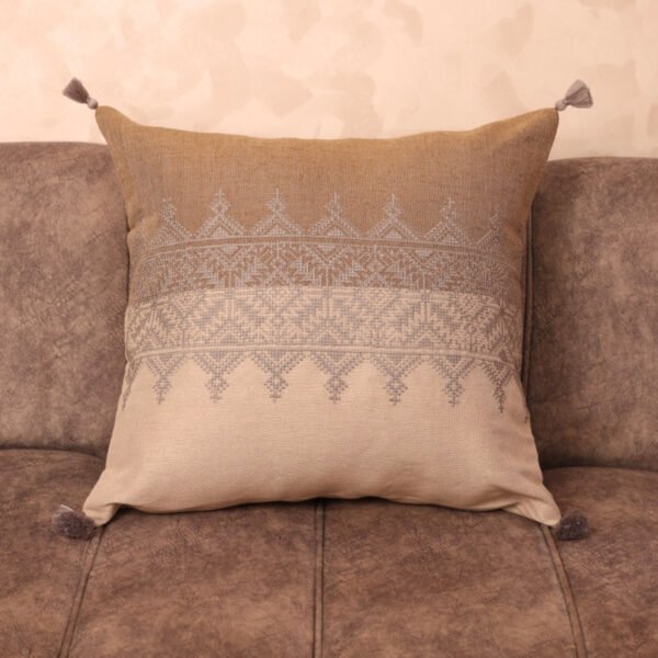 Two-tone Fassi embroidered linen pillow 20×20 in beige and grey with charcoal Tarz El Fassi band and tassels – Tigemi Fez
