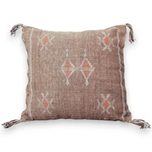 Front view of a brown Moroccan cactus silk throw pillow with Berber field pattern and corner tassels