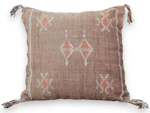 Front view of a brown Moroccan cactus silk throw pillow with Berber field pattern and corner tassels