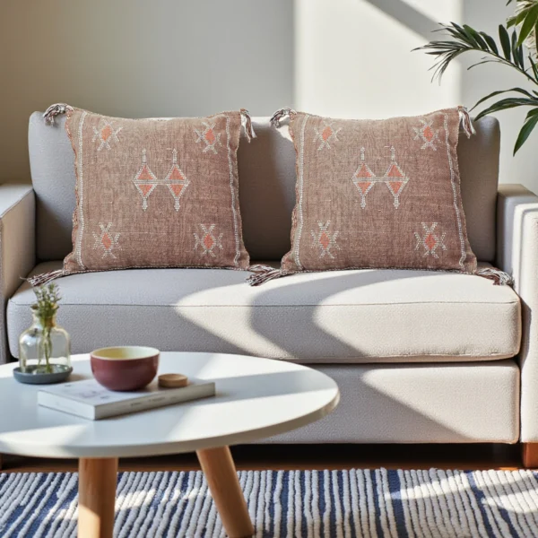 Pair of brown handwoven Moroccan sabra silk pillows styled on a light sofa in an Afrohemian living room