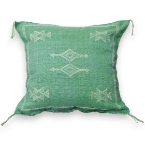 Handwoven green Sabra silk pillow cover with traditional Moroccan Amazigh motifs