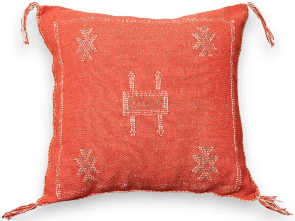 Coral Red Moroccan Sabra Silk Pillow Cover with Ivory Berber Motifs
