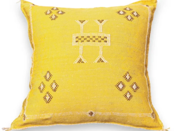 Canary yellow Moroccan sabra silk pillow with diamond lozenge pattern