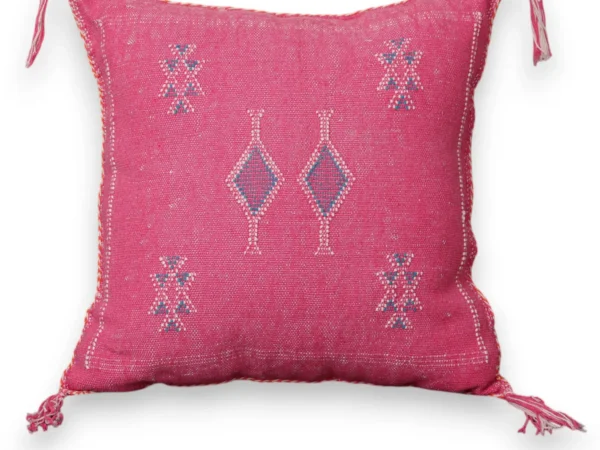 Hot Pink Sabra Silk Pillow — Blue & White Amazigh Diamond Motifs