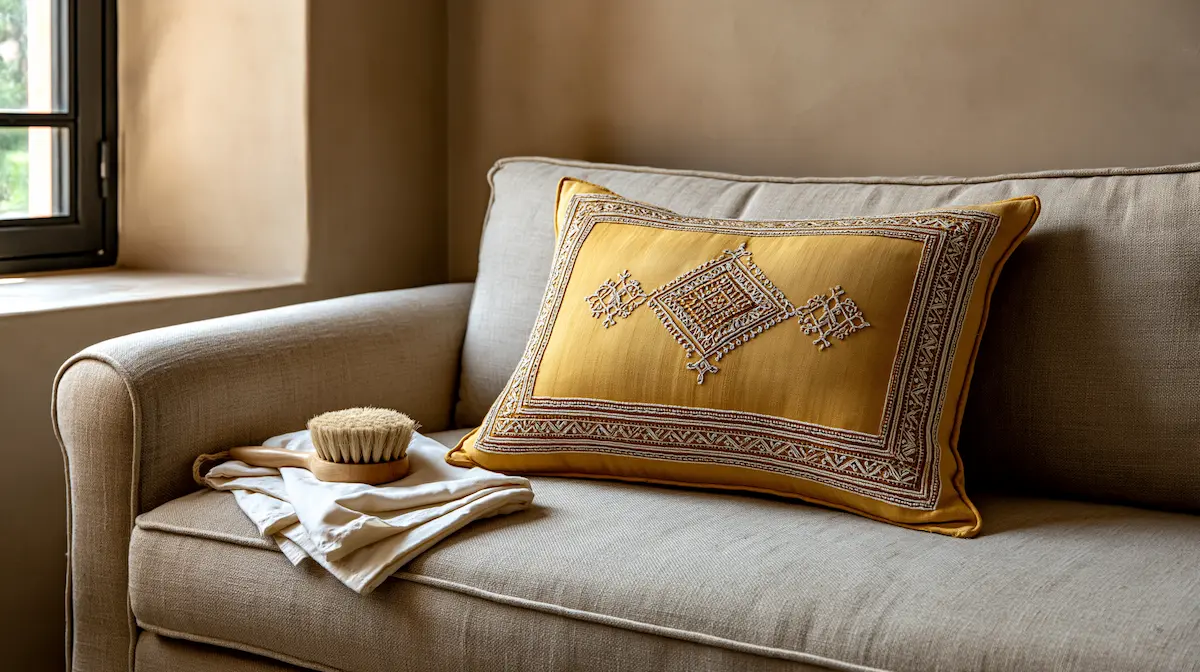Brown, mustard, and orange handwoven cactus silk (sabra silk) throw pillows arranged on a beige sofa in a warm Moroccan-style living room