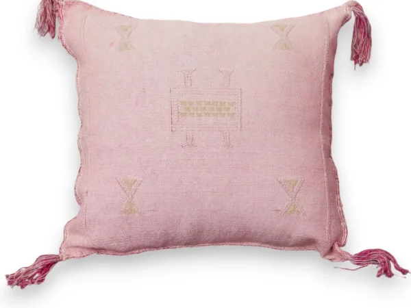Blush Pink Moroccan Sabra Cactus Silk Pillow with Saffron Embroidery — Handmade Berber Throw Pillow