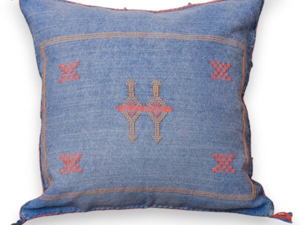 Denim Blue Sabra Silk Pillow — Orange & Beige Amazigh Berber Motifs
