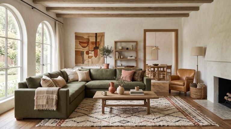 Moroccan-inspired interior styled for Olive Green and Wood Living Room: 3 Modern Palettes for a Warm, Airy Apartment