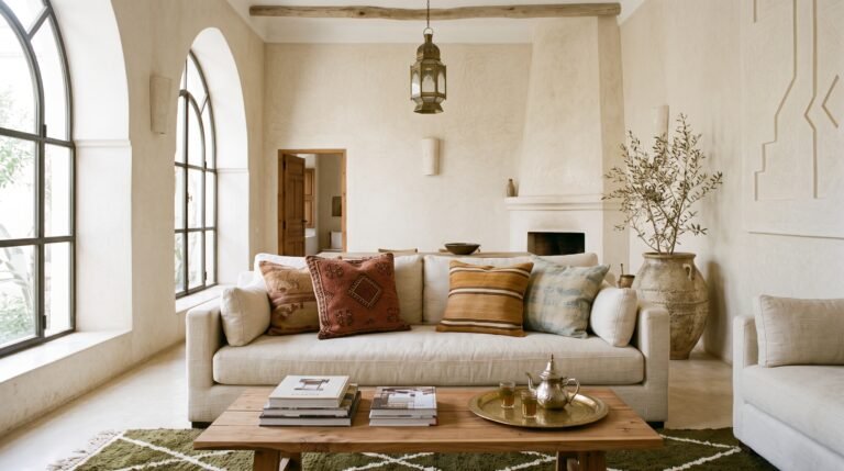 Moroccan-inspired interior styled for No Matching Set Required: How to Style One-of-a-Kind Moroccan Pillows