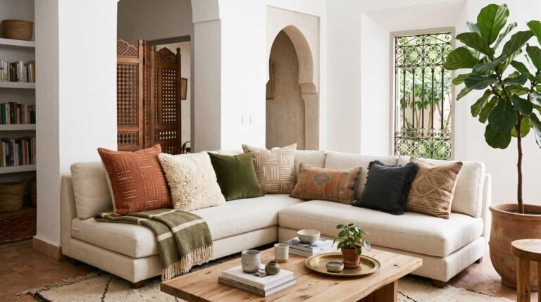 Moroccan-inspired interior styled for How to Style Throw Pillows: Color, Texture and Scale