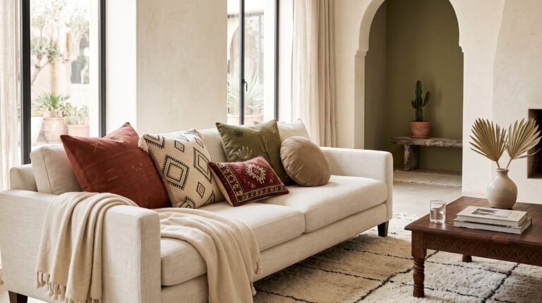 Moroccan-inspired interior styled for How to Style Moroccan Throw Pillows in Any Room