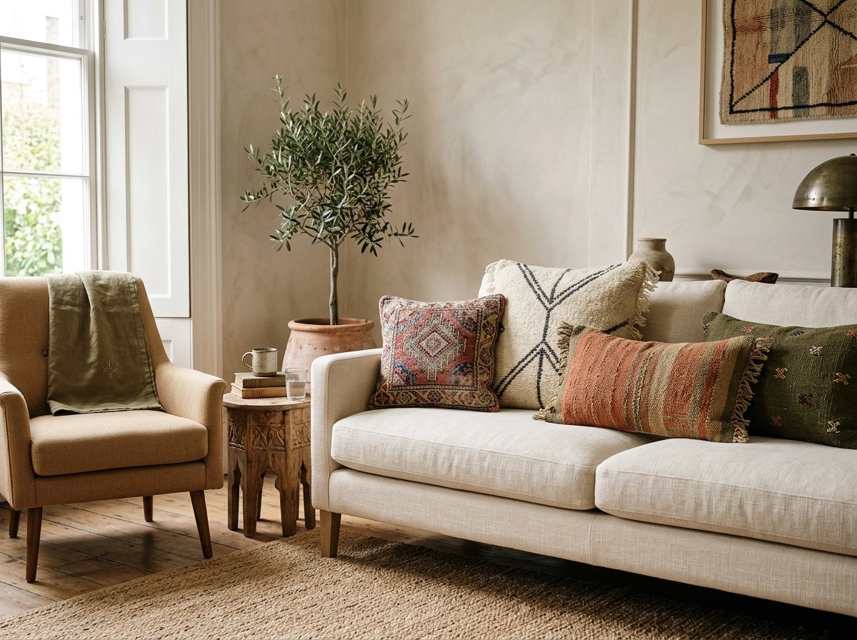 practical arrangement illustrating No Matching Set Required: How to Style One-of-a-Kind Moroccan Pillows