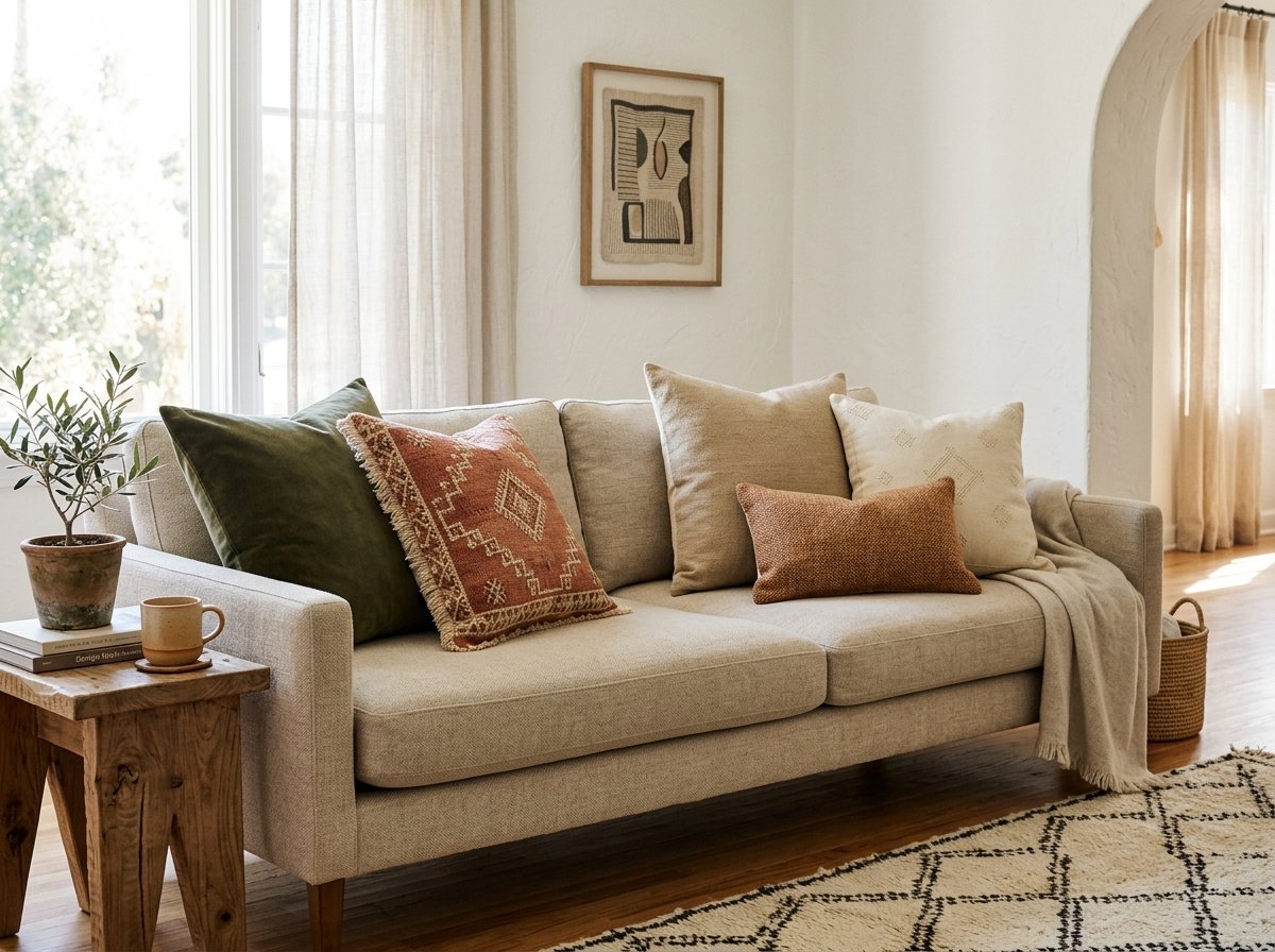 practical arrangement illustrating How to Style Throw Pillows: Color, Texture and Scale