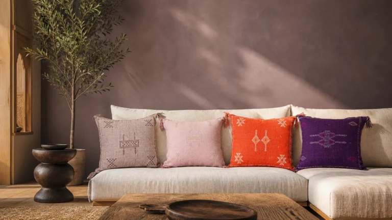 Modern Afrohemian living room with four handwoven Moroccan Sabra pillows in mauve, blush, rust, and amethyst