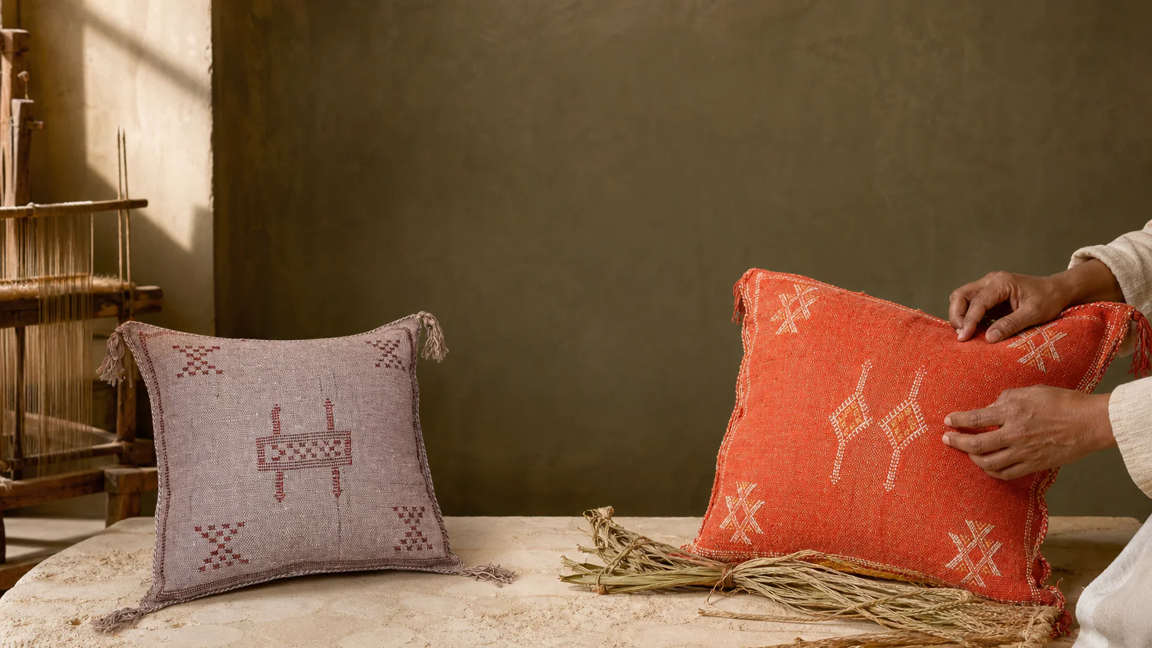 Authentic Moroccan Sabra silk pillows inspected by an artisan in a sunlit weaving atelier