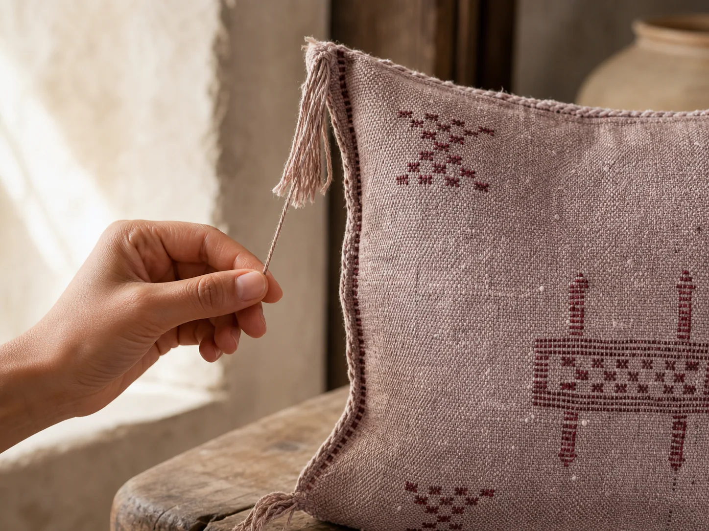 Close-up of a handwoven Moroccan Sabra pillow showing irregular weave, tassels, and natural fiber texture