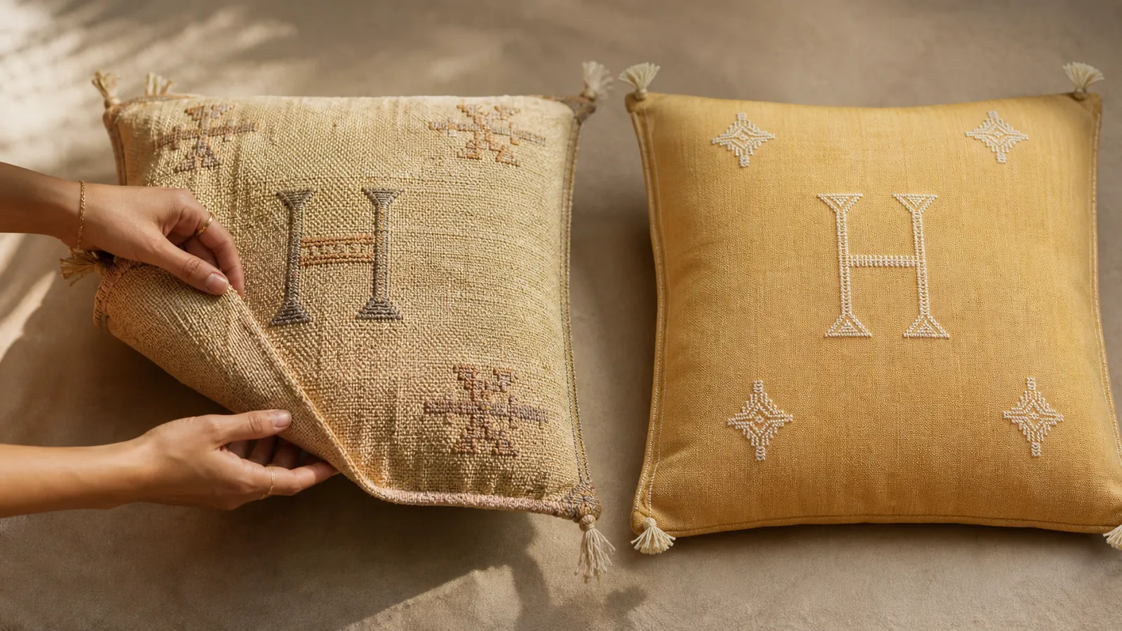 Side-by-side texture comparison of handwoven Sabra fabric and a flatter printed imitation