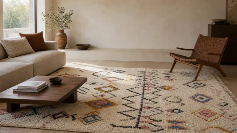 Authentic Azilal rug with asymmetrical geometric motifs in a modern neutral living room