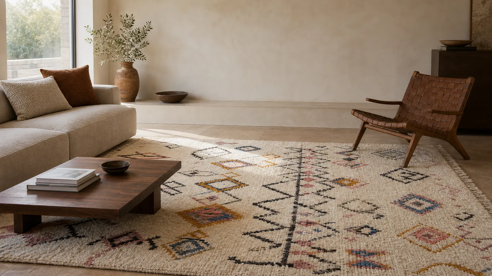 Authentic Azilal rug with asymmetrical geometric motifs in a modern neutral living room