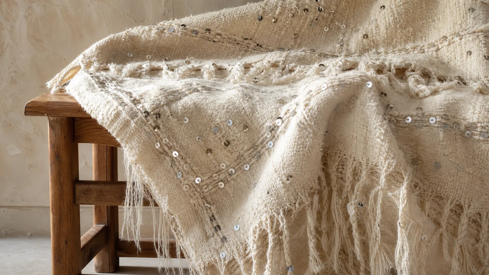 Ivory Moroccan Handira wedding blanket with handwoven wool, fringe, and reflective metal sequins