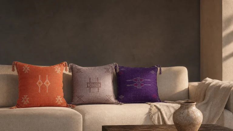 Modern neutral sofa styled with burnt-orange, dusty-mauve, and amethyst Moroccan Sabra throw pillows
