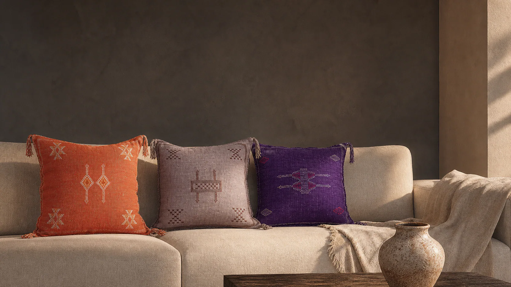 Modern neutral sofa styled with burnt-orange, dusty-mauve, and amethyst Moroccan Sabra throw pillows