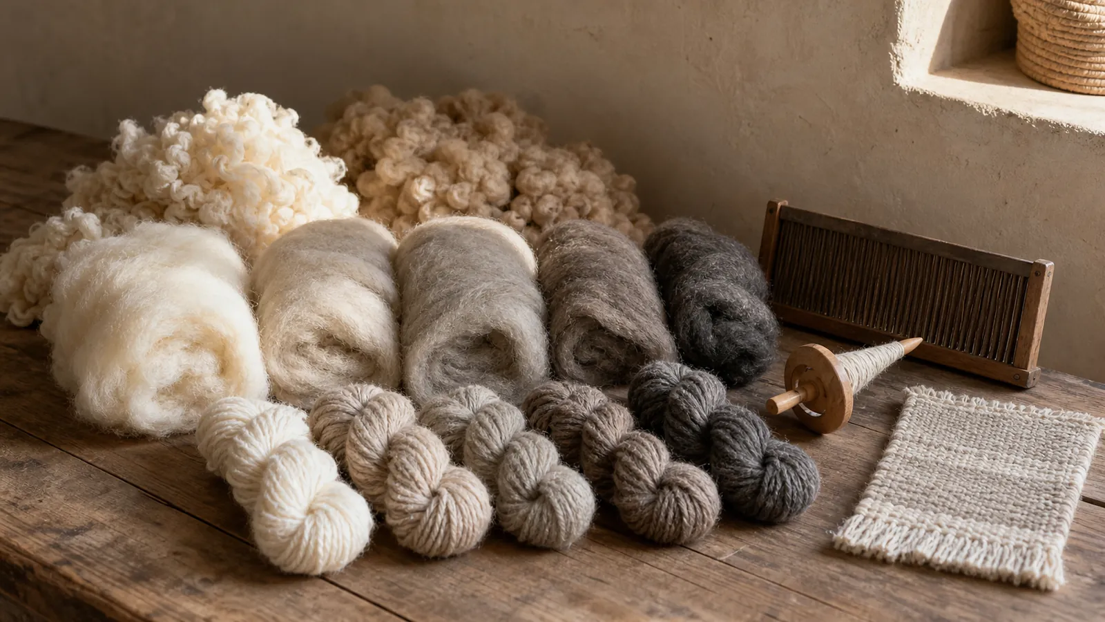 Natural Moroccan wool shown as fleece, carded roving, hand-spun yarn, and a woven sample