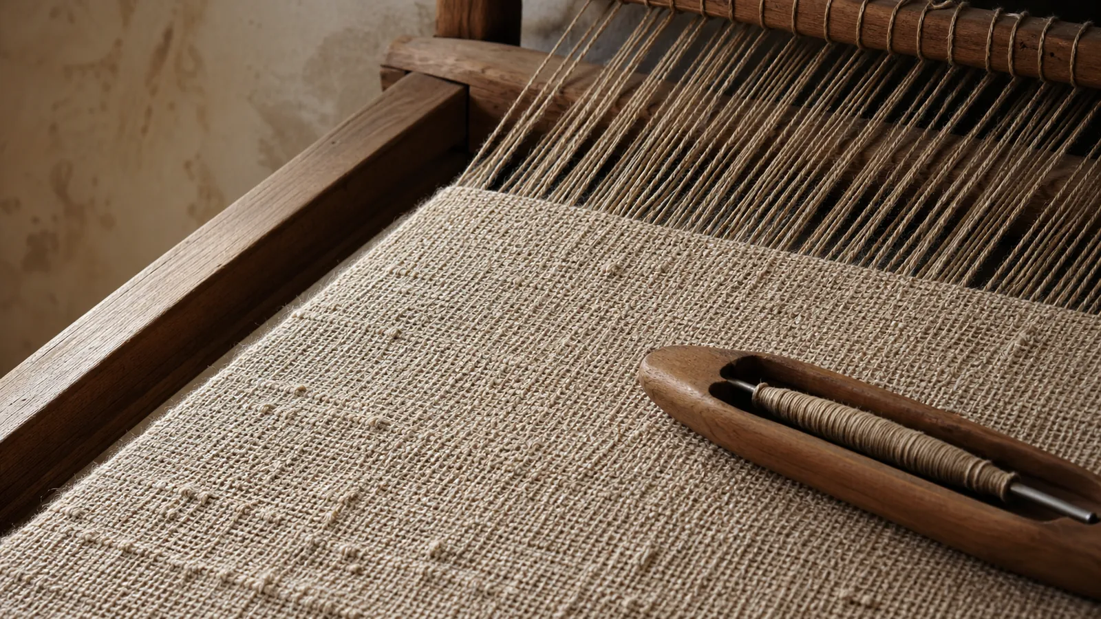 Close view of handwoven Sabra-tradition textile and wooden shuttle on a loom