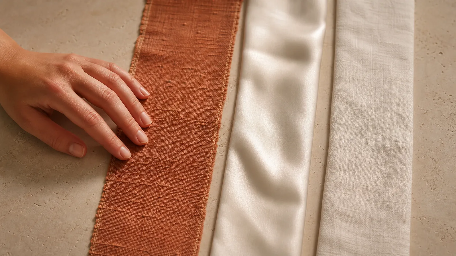 A hand compares the texture and sheen of Sabra silk, mulberry silk, and cotton