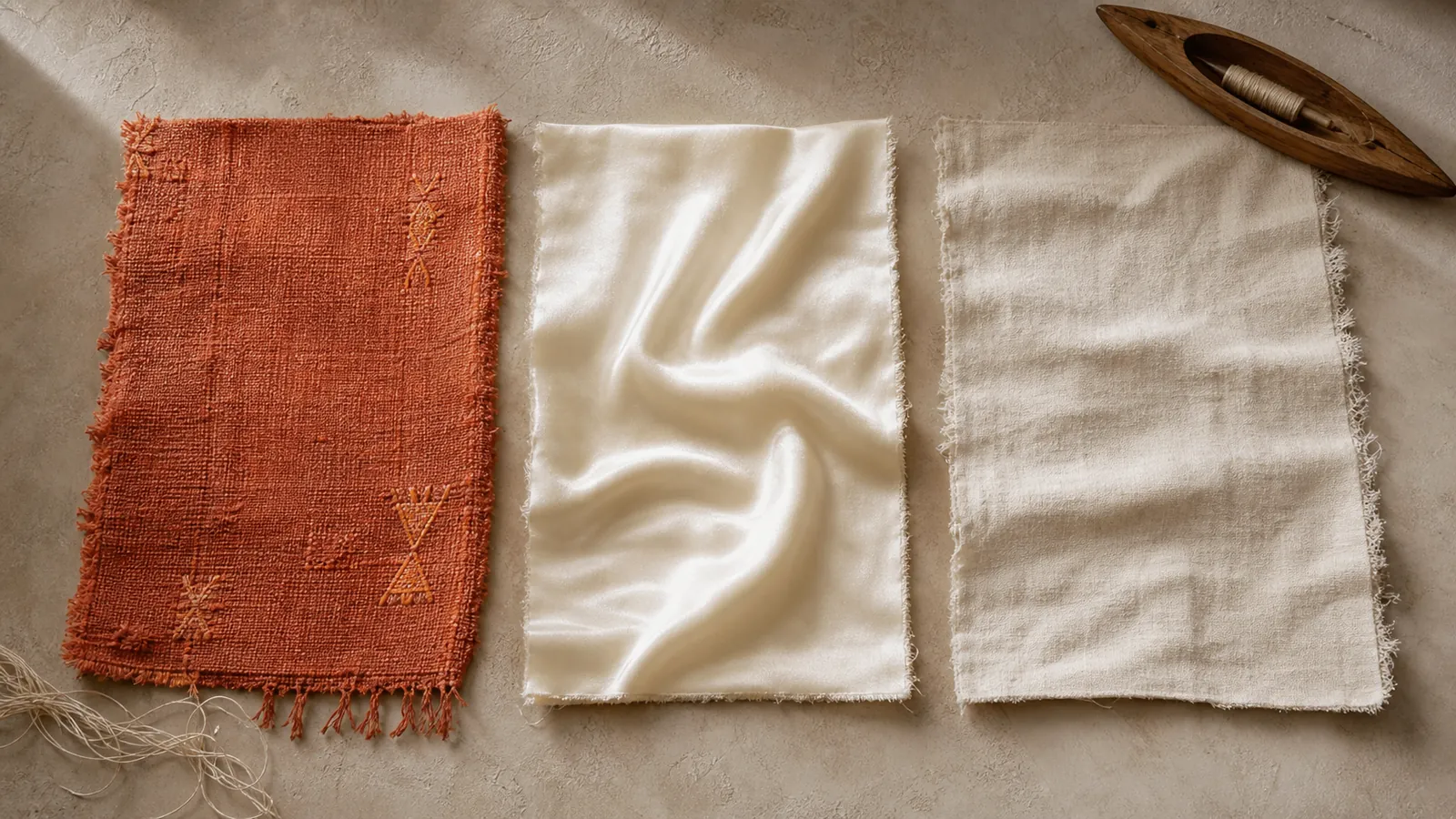 Sabra silk, mulberry silk, and cotton swatches compared side by side