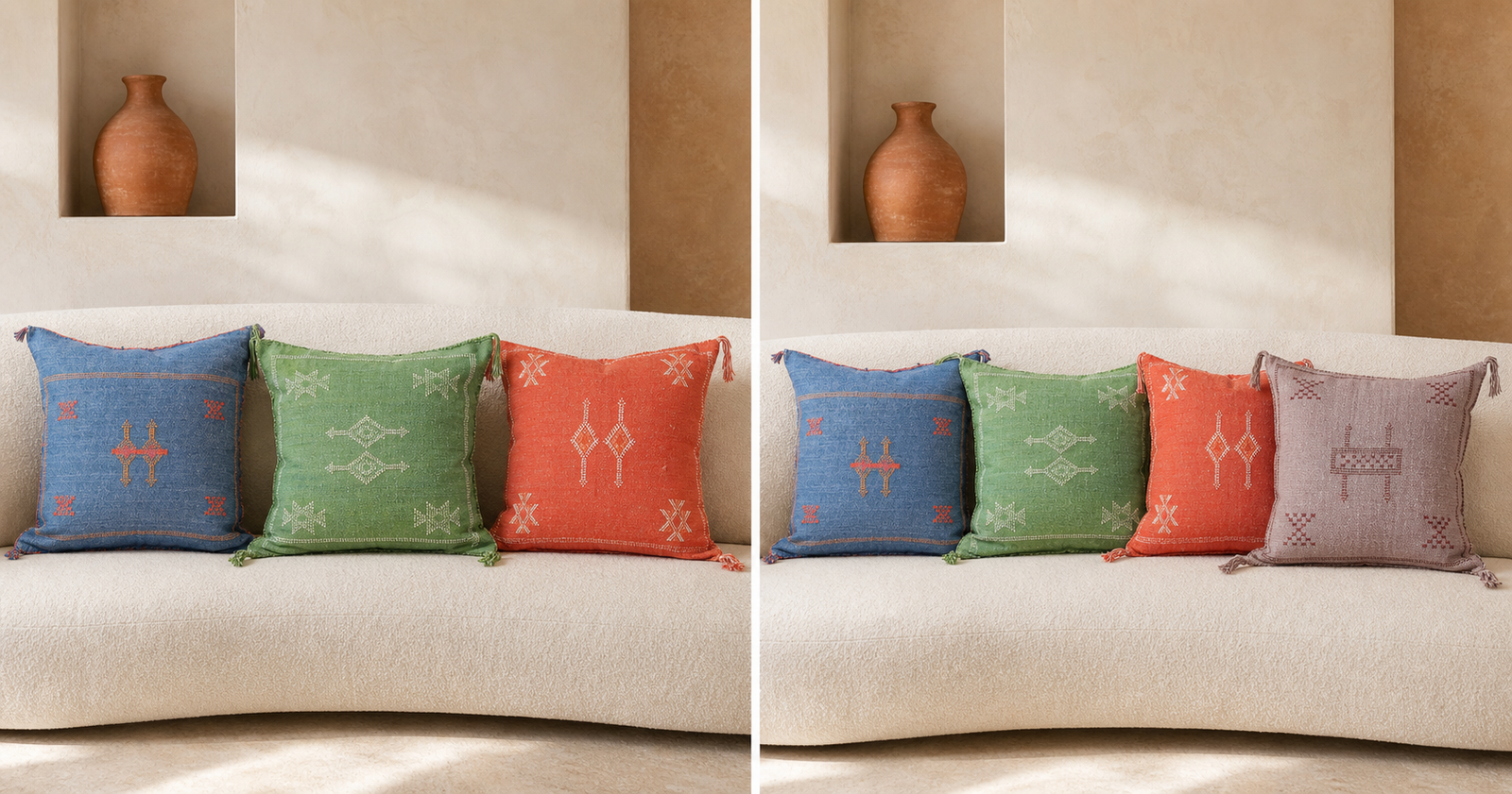 Three-cover and four-cover Sabra color palettes styled on an ivory sofa